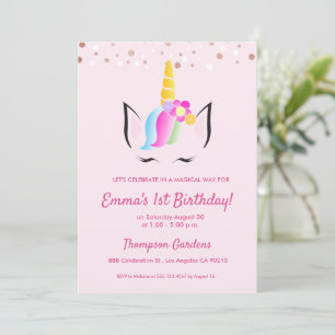 Chic Unicorn Confetti 1:a födelsedag party Inbjudningar