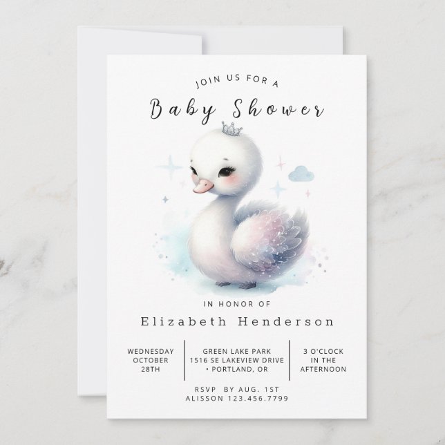 Chic Utskrivbar Svan Baby Shower Inbjudningar (Framsida)