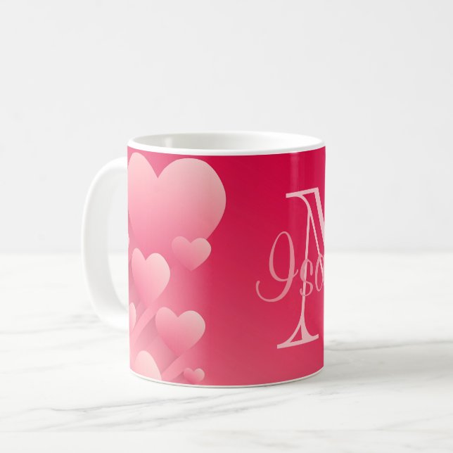 Chic Valentine Rosa Hearts Red Namn Monogram Mugg (Framsida vänster)