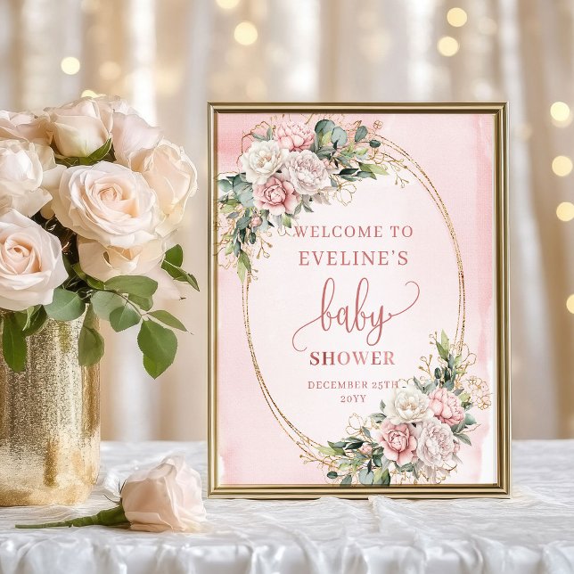 Chic Välkomstskylt Dammtrosa Blommor Eukalyptus Poster (Chic Welcome Dusty Pink Floral Eucalyptus Sign)