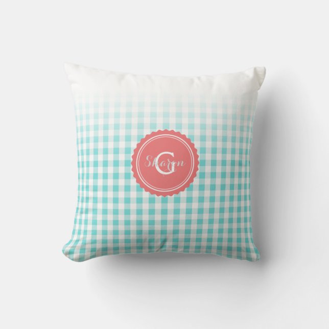 chic-vallmoturkos gingham mönster monogram kudde (Framsida)