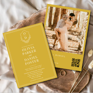 Chic Vapensköld Guld Champagne QR-kod Foto Bröllop Inbjudningar