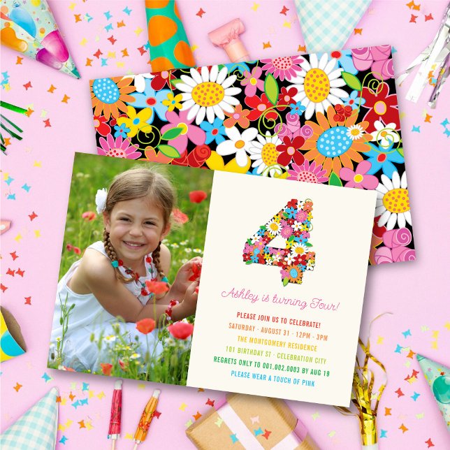 Chic Vår blommor Garden Photo Girl 4e födelsedagen Inbjudningar (Chic Colorful Whimsical Spring Flowers Garden Photo Girl 4th Birthday Party Invitation @ fatfatin)