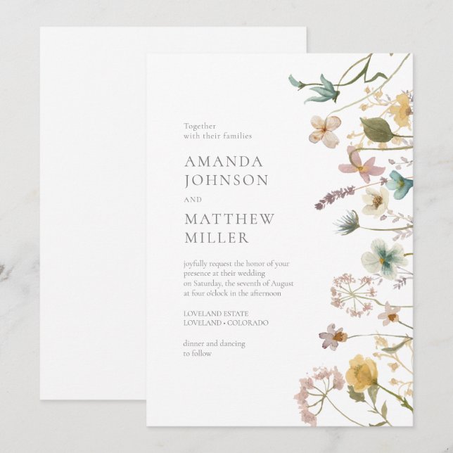 Chic vår delikat pressade blommor bröllop inbjudningar (Fram/baksida)