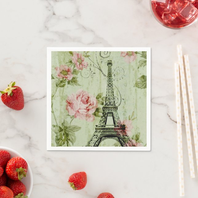 chic vår mintrosafärgade blomster parisiska eiffel pappersservett (Insitu)