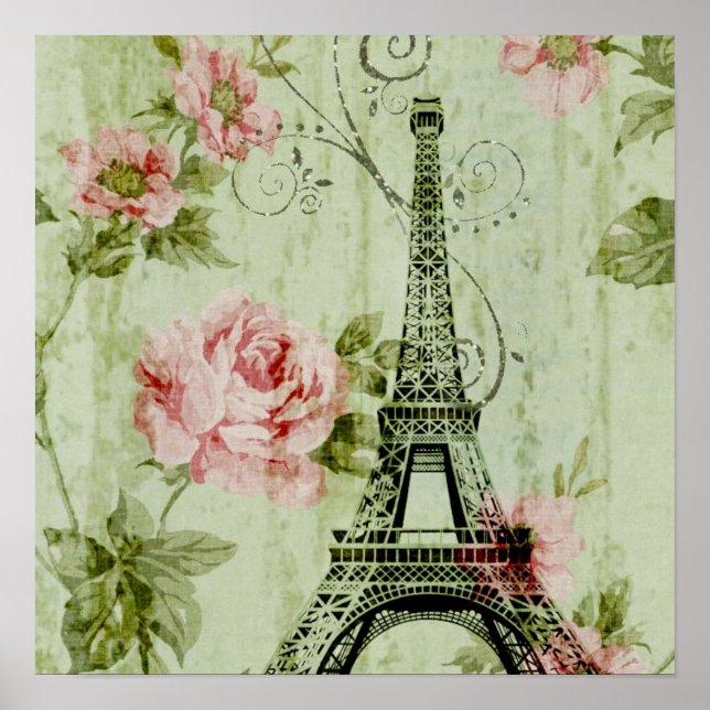 chic vår mynta rosa blommigt paris eiffel torn poster (Framsidan)