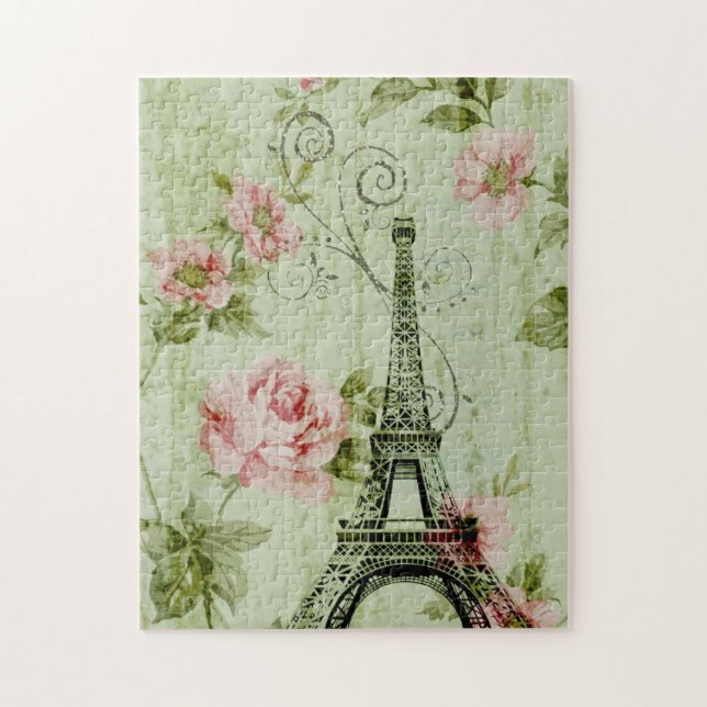 chic vår mynta rosa blommigt paris eiffel torn pussel (Vertikal)
