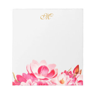 Chic Vår Rosa Magnolias Blommigt Monogram Anteckni Anteckningsblock