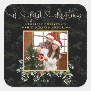 Chic Vårt första Vinter-foto för julklapp Fyrkantigt Klistermärke
