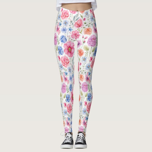 Chic Vattenfärg Bälgningar i botaniska Blommigtar Leggings (Framsida)