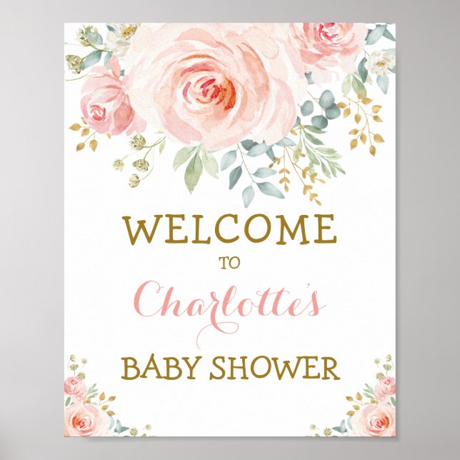 Chic Vattenfärg Blommig Rosenskär Guld Baby Shower Poster (Framsidan)
