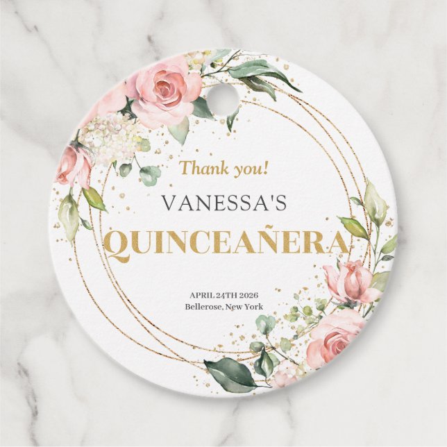 Chic vattenfärg  blommigt guld sage Quinceanera Gåvor Etiketter (Framsida)