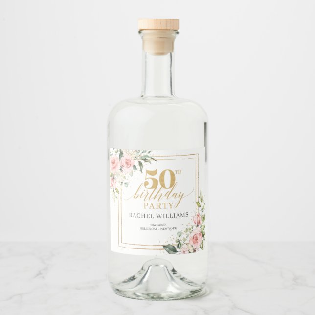 Chic vattenfärg  blommor guld 50-årsdagen spritflaskor etikett (Framsida)