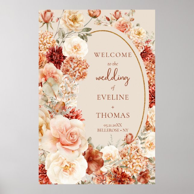 Chic vattenfärg blommor höst färger koppar Välkoms Poster (Framsidan)