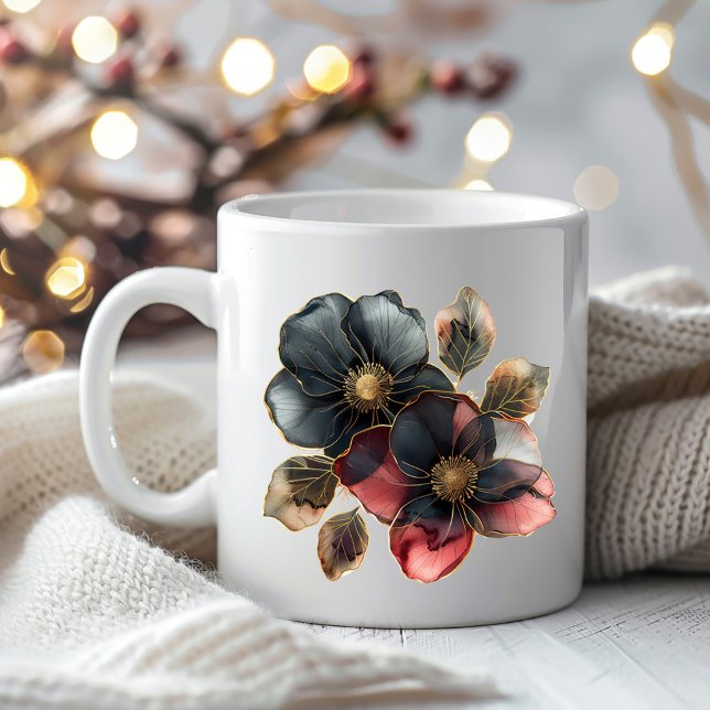 Chic vattenfärg guld svart och burgundblomma kaffemugg (Skapare uppladdad)