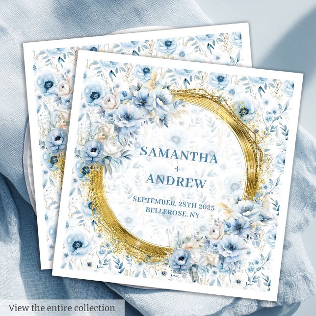 Chic Vattenfärg Pastel Blue Guld Glitter Bröllop Pappersservett (Chic Watercolor Pastel Blue Gold Glitter Wedding Paper Dinner Napkins )