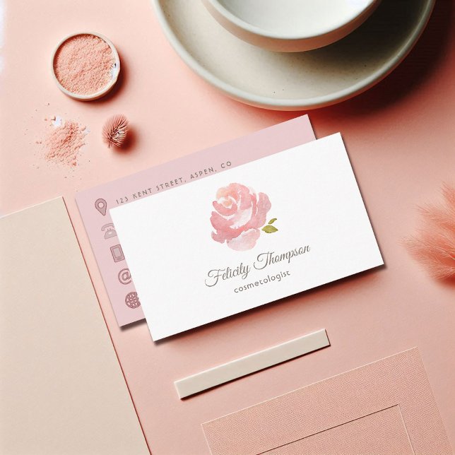 Chic Vattenfärg  QR-kod för Rosa ros Visitkort (Chic Watercolor Blush Pink Rose QR Code Business Card)