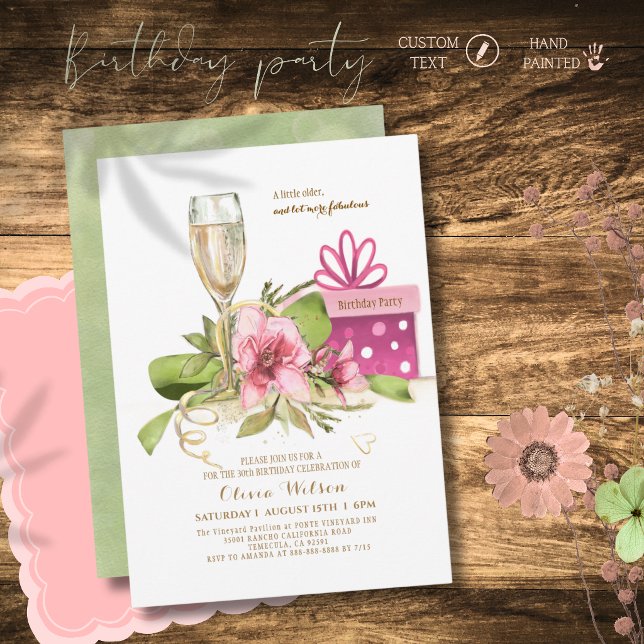Chic Vattenfärg Rosa Magnolia Champagne Födelsedag Inbjudningar (Chic Watercolor Pink Magnolia Champagne Birthday Invitation)