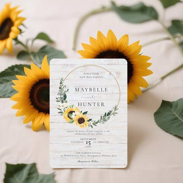 Chic Vattenfärg Solros Utandning Bröllop Inbjudningar (Chic Watercolor Sunflower Wreath Whitewood Wedding Invitation)