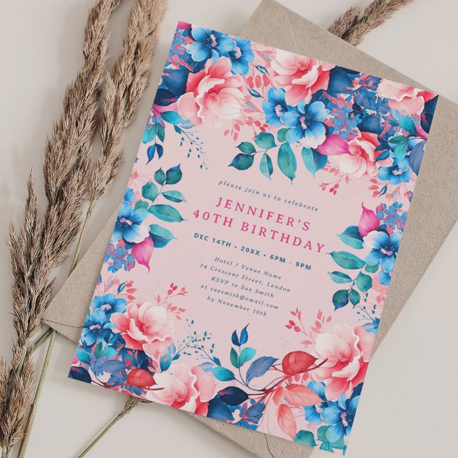Chic Vattenfärgad Blommigt 40:e födelsedag  Inbjudningar (Chic Watercolor Floral 40th Birthday Blush Invitation)