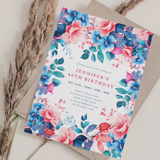 Chic Vattenfärgad Blommigt 40:e födelsedagen Inbjudningar (Chic Watercolor Floral 40th Birthday Invitation)