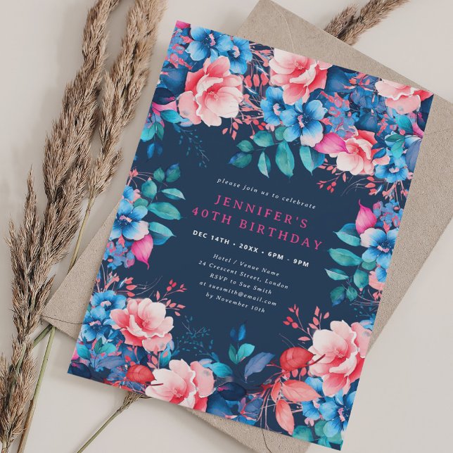 Chic Vattenfärgad Blommigt 40:e födelsetalet Inbjudningar (Chic Watercolor Floral 40th Birthday Navy Invitation)