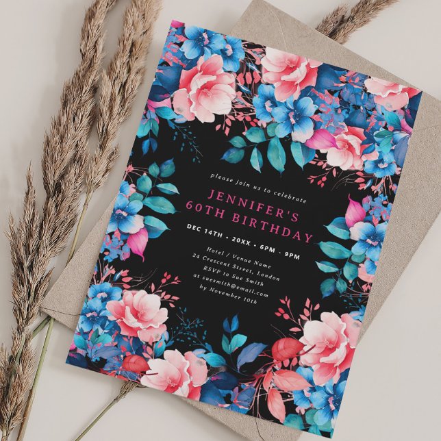 Chic Vattenfärgad Blommigt 60:e födelsedagssvart Inbjudningar (Chic Watercolor Floral 60th Birthday Black Invitation)