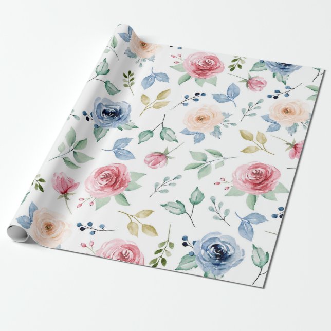 Chic Vattenfärgat delikat Blommor Foliage Mönster Presentpapper (Utrullad)