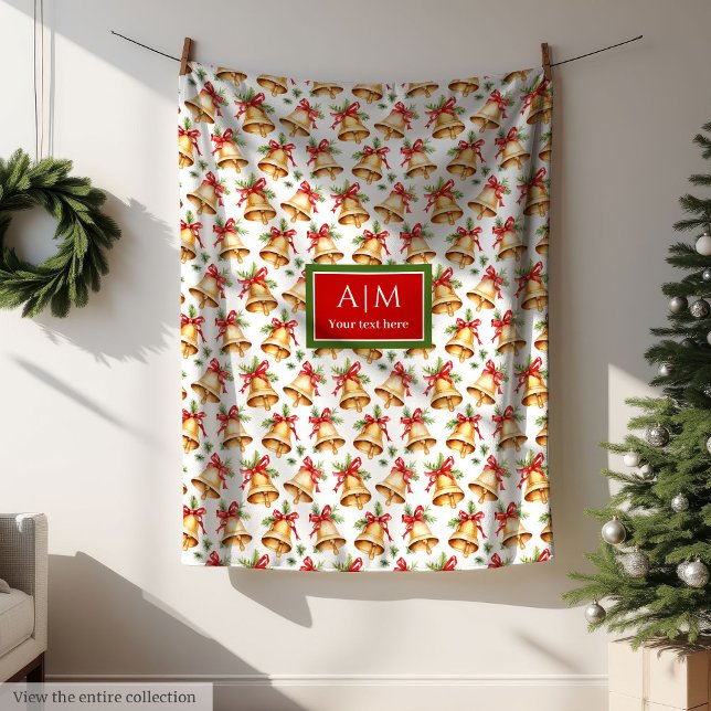 Chic vattenfärgen guld jul klockor personlig fleecefilt (Monogrammed watercolor Christmas tree cozy blanket)