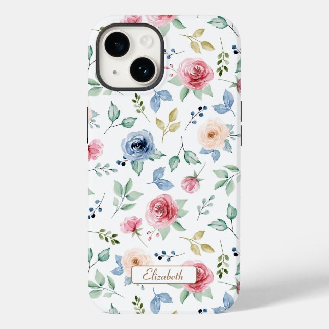 Chic Vattenfärgen Rosa  Blåa blommor Mönster (Baksida)