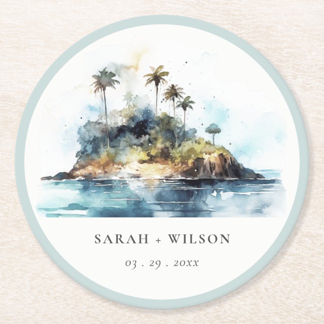 Chic Vattenfärgen Sjölandskap Handflatan Träd ön B Underlägg Papper Rund (Framsidan)