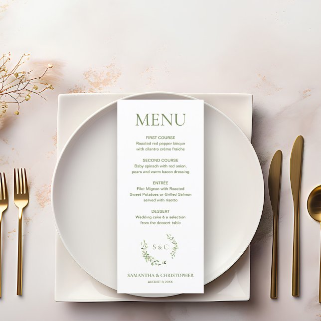 Chic Vattenfärgning Utandning Monogram bröllop vap Meny (Green watercolor leaves wreath wedding menu.)