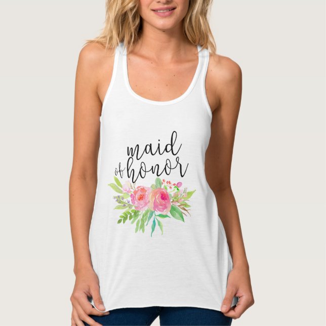 Chic vattenfärgsBlommigt Maid of honor Linne Med Racerback (Framsida)