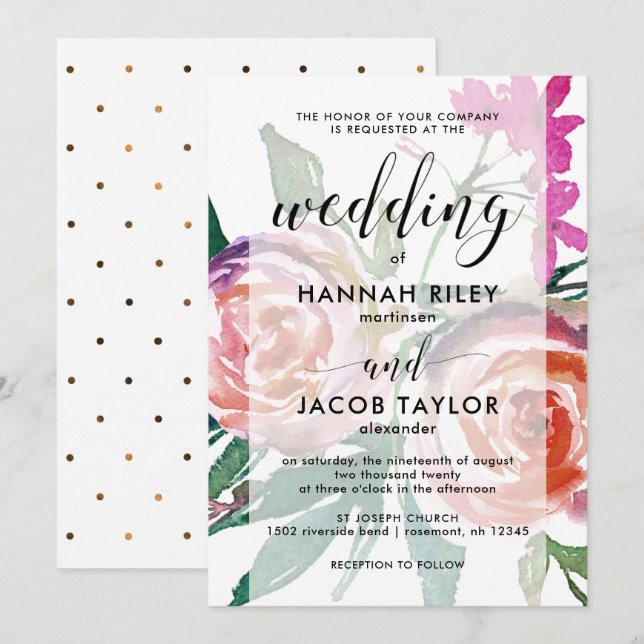 Chic VattenfärgsBlommigt med Faux Guld Dots Bröllo Inbjudningar (Fram/baksida)