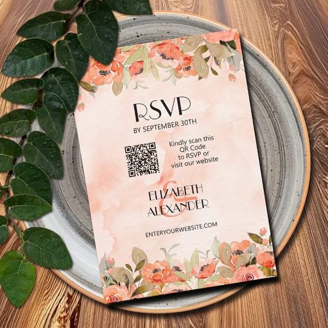 Chic VattenfärgsBlommigt QR-kod OSA Kort (Watercolor Orange Floral RSVP Cards with website QR Code)