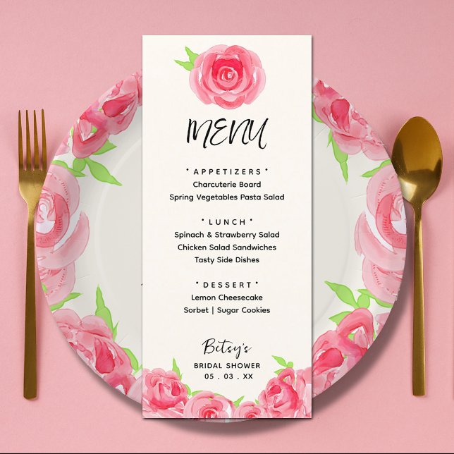 Chic Vattenfärgsblommor Derby Möhippa Meny (Chic watercolor roses floral Derby-themed bridal shower menus (plates sold separately))
