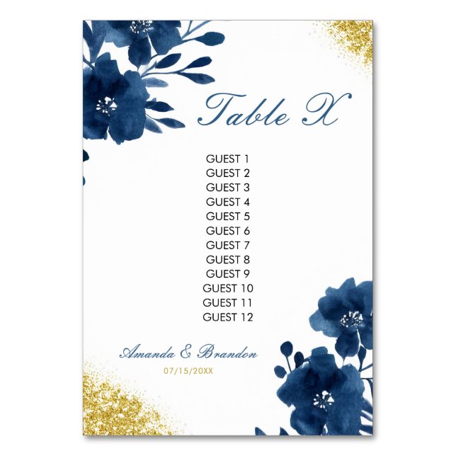 Chic Vattenfärgsblommor Guld Glitter Bröllop Bordsnummer (Framsidan)