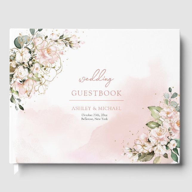 Chic vattenfärgsdamm rosa blommigt guld grönt gästböcker (Framsida)