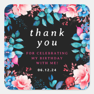 Chic Vattenfärgsfärgad Blommigt Birthday Tack Blac Fyrkantigt Klistermärke