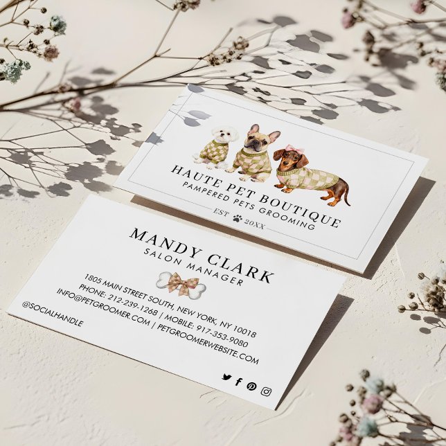 Chic Vattenfärgsfärgade Hundraser Kontrollerad säl Visitkort (Chic Watercolor Dog Breeds Checkered Pet Groomer Business Card)