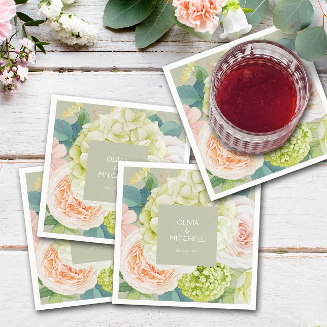Chic VattenfärgsfärgBlommigtar Sage Grönt Napkins Pappersservett (Chic Watercolor Florals Sage Green Wedding Napkins)