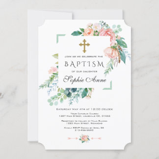 Chic Vattenfärgsfärgning Rosa Baptism i vit Blomm Inbjudningar