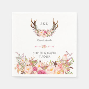Chic Vattenfärgsfärgning Rosa  Blommigt Antlers Br Pappersservett