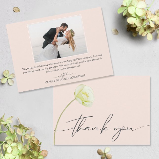 Chic Vattenfärgsfoto Flower Bröllop Tack Kort (Watercolor flower on front, your photo and message on the back of flat wedding thank you cards)