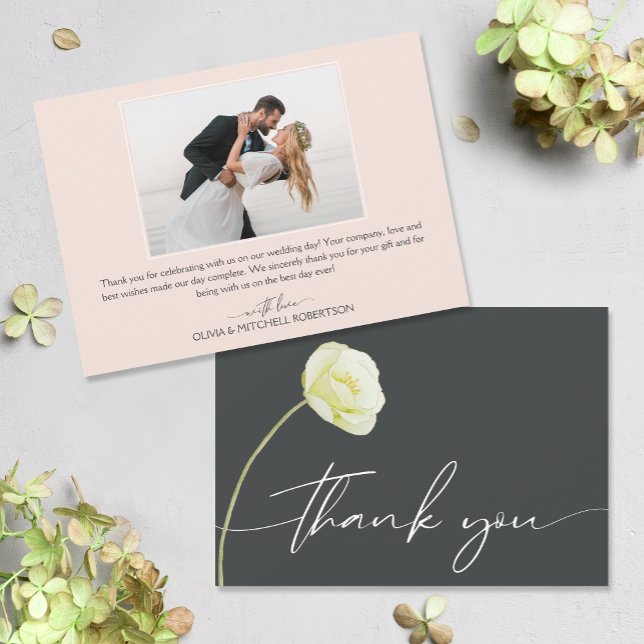 Chic Vattenfärgsfoto Flower Bröllop Tack Kort (Watercolor flower on front, your photo and message on the back of flat wedding thank you cards)