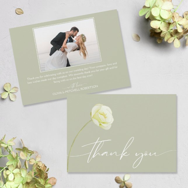 Chic Vattenfärgsfoto Flower Bröllop Tack Kort (Watercolor flower on front, your photo and message on the back of flat wedding thank you cards)