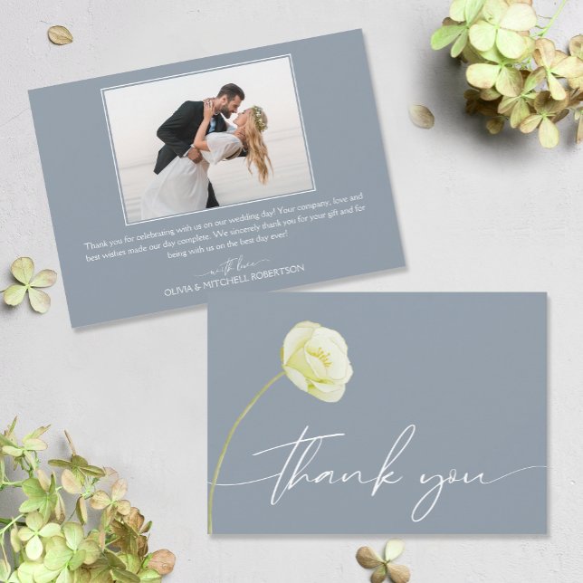 Chic Vattenfärgsfoto Flower Bröllop Tack Kort (Watercolor flower on front, your photo and message on the back of flat wedding thank you cards)