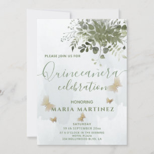 Chic vattenfärgsgreenery eucalyptus Quinceañera Inbjudningar