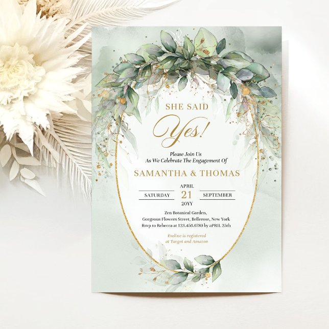 Chic vattenfärgsgrej och guld Förlovning Inbjudningar (Watercolor eucalyptus engagement invitation digital)