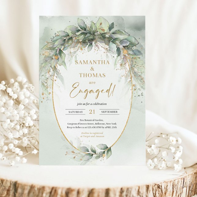 Chic vattenfärgsgrej och guld Förlovning Inbjudningar (Watercolor greenery engagement invitation digital)